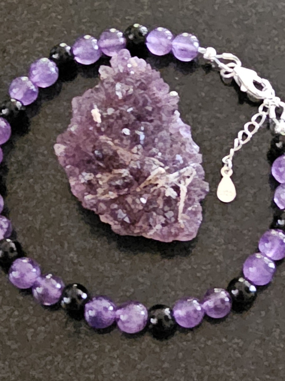 Kūpaʻa Bracelet: 6mm Black Obsidian and Amethyst, 925 Sterling Silver Components